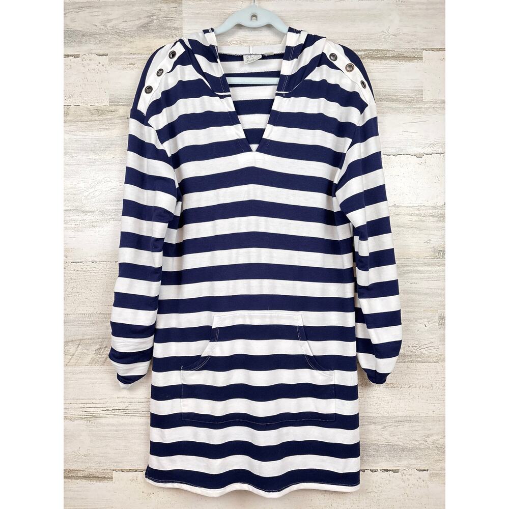 Beach Break Womens M Blue White Stripe Hooded Cover Up Coastal Swim NEW